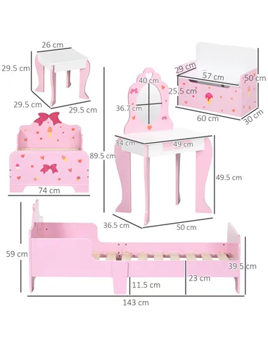 ZONEKIZ 4PCs Kids Bedroom Furniture Set with Bed, Toy Box Bench, Dressing Table and Stool, Princess Themed, for 3-6 Years Old, P