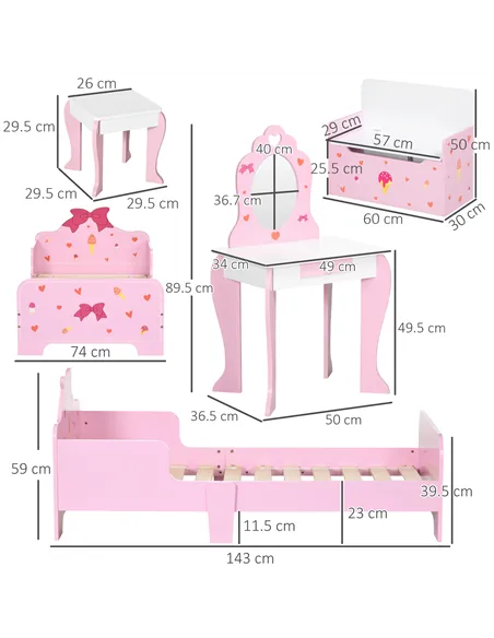 ZONEKIZ 4PCs Kids Bedroom Furniture Set with Bed, Toy Box Bench, Dressing Table and Stool, Princess Themed, for 3-6 Years Old, P