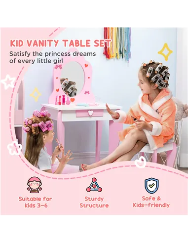 ZONEKIZ 4PCs Kids Bedroom Furniture Set with Bed, Toy Box Bench, Dressing Table and Stool, Princess Themed, for 3-6 Years Old, P