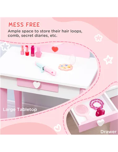 ZONEKIZ 4PCs Kids Bedroom Furniture Set with Bed, Toy Box Bench, Dressing Table and Stool, Princess Themed, for 3-6 Years Old, P