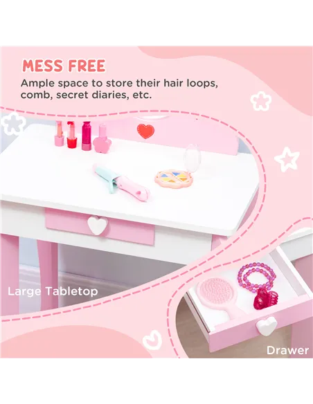 ZONEKIZ 4PCs Kids Bedroom Furniture Set with Bed, Toy Box Bench, Dressing Table and Stool, Princess Themed, for 3-6 Years Old, P