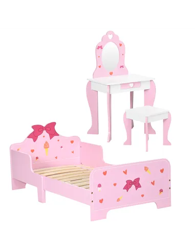 ZONEKIZ 3PCs Kids Bedroom Furniture Set with Bed, Dressing Table and Stool, Princess Themed, for 3-6 Years Old, Pink