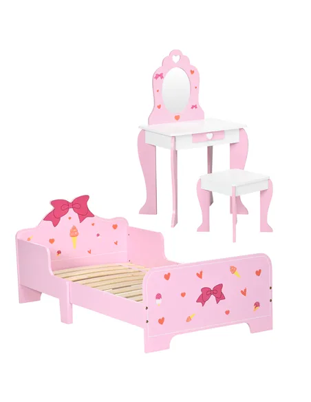 ZONEKIZ 3PCs Kids Bedroom Furniture Set with Bed, Dressing Table and Stool, Princess Themed, for 3-6 Years Old, Pink