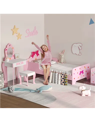 ZONEKIZ 3PCs Kids Bedroom Furniture Set with Bed, Dressing Table and Stool, Princess Themed, for 3-6 Years Old, Pink