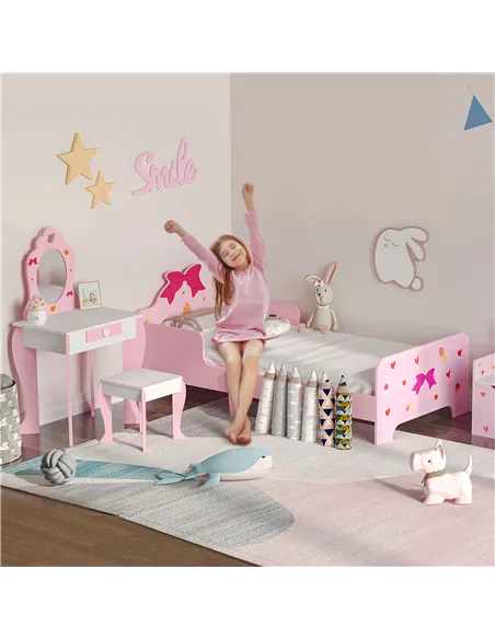 ZONEKIZ 3PCs Kids Bedroom Furniture Set with Bed, Dressing Table and Stool, Princess Themed, for 3-6 Years Old, Pink