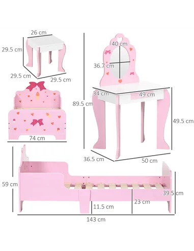 ZONEKIZ 3PCs Kids Bedroom Furniture Set with Bed, Dressing Table and Stool, Princess Themed, for 3-6 Years Old, Pink