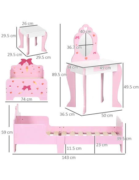 ZONEKIZ 3PCs Kids Bedroom Furniture Set with Bed, Dressing Table and Stool, Princess Themed, for 3-6 Years Old, Pink