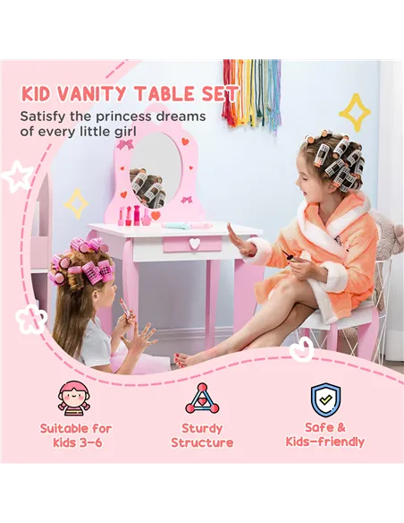 ZONEKIZ 3PCs Kids Bedroom Furniture Set with Bed, Dressing Table and Stool, Princess Themed, for 3-6 Years Old, Pink