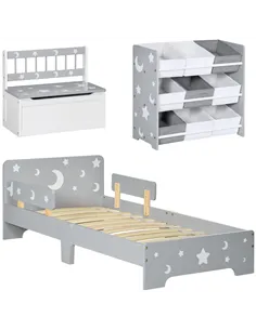 ZONEKIZ 3PCs Kids Furniture Bedroom Set with Bed, Toy Box Bench, Storage Unit with Baskets, Star and Moon Patterns, for 3-6 Year