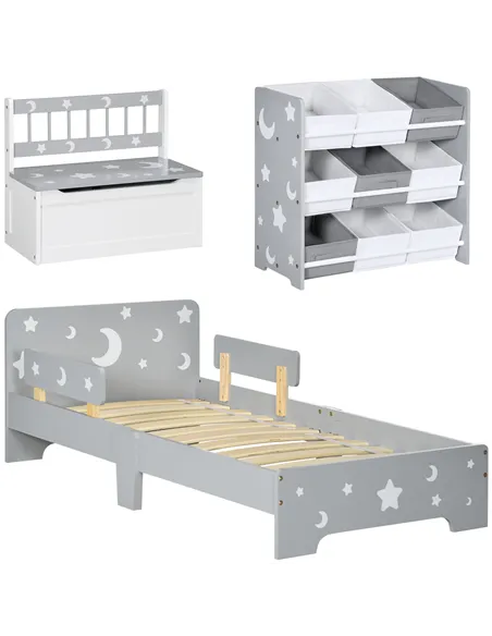 ZONEKIZ 3PCs Kids Furniture Bedroom Set with Bed, Toy Box Bench, Storage Unit with Baskets, Star and Moon Patterns, for 3-6 Year