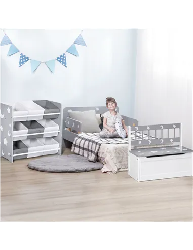 ZONEKIZ 3PCs Kids Furniture Bedroom Set with Bed, Toy Box Bench, Storage Unit with Baskets, Star and Moon Patterns, for 3-6 Year