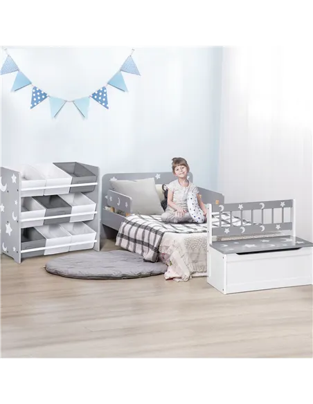 ZONEKIZ 3PCs Kids Furniture Bedroom Set with Bed, Toy Box Bench, Storage Unit with Baskets, Star and Moon Patterns, for 3-6 Year