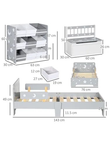ZONEKIZ 3PCs Kids Furniture Bedroom Set with Bed, Toy Box Bench, Storage Unit with Baskets, Star and Moon Patterns, for 3-6 Year