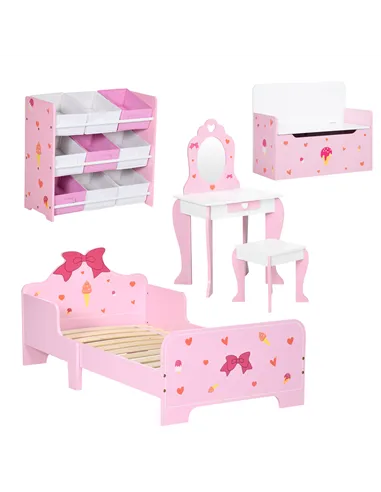 ZONEKIZ 5PCs Kids Bedroom Furniture Set with Bed, Toy Box Bench, Storage Unit, Dressing Table and Stool, Princess Themed, for 3-