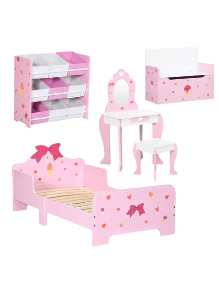 ZONEKIZ 5PCs Kids Bedroom Furniture Set with Bed, Toy Box Bench, Storage Unit, Dressing Table and Stool, Princess Themed, for 3-