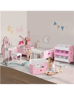 ZONEKIZ 5PCs Kids Bedroom Furniture Set with Bed, Toy Box Bench, Storage Unit, Dressing Table and Stool, Princess Themed, for 3- 2