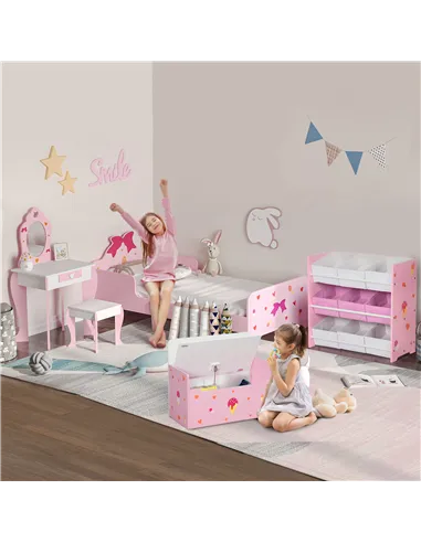 ZONEKIZ 5PCs Kids Bedroom Furniture Set with Bed, Toy Box Bench, Storage Unit, Dressing Table and Stool, Princess Themed, for 3-
