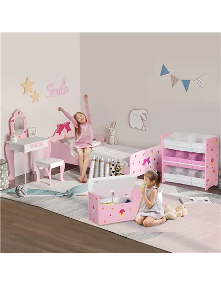 ZONEKIZ 5PCs Kids Bedroom Furniture Set with Bed, Toy Box Bench, Storage Unit, Dressing Table and Stool, Princess Themed, for 3-