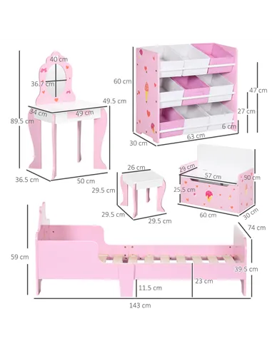 ZONEKIZ 5PCs Kids Bedroom Furniture Set with Bed, Toy Box Bench, Storage Unit, Dressing Table and Stool, Princess Themed, for 3-
