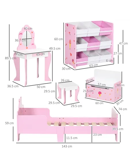 ZONEKIZ 5PCs Kids Bedroom Furniture Set with Bed, Toy Box Bench, Storage Unit, Dressing Table and Stool, Princess Themed, for 3-