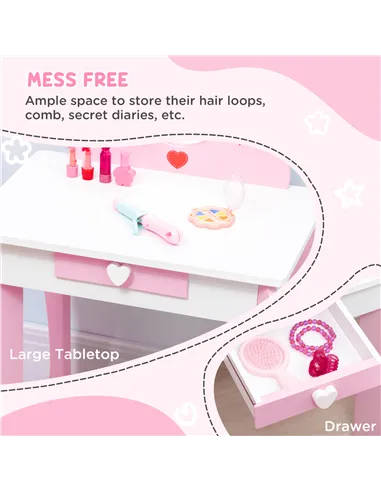 ZONEKIZ 5PCs Kids Bedroom Furniture Set with Bed, Toy Box Bench, Storage Unit, Dressing Table and Stool, Princess Themed, for 3-