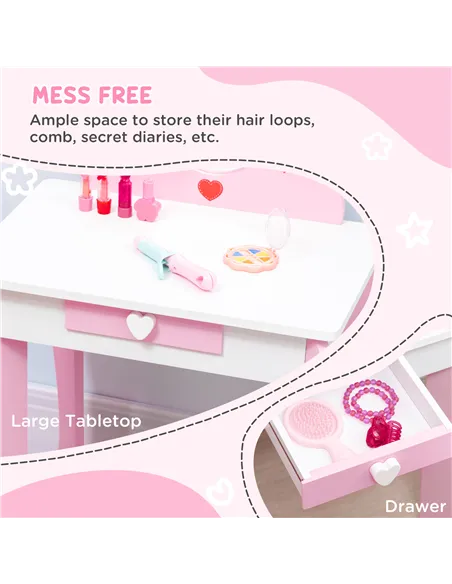 ZONEKIZ 5PCs Kids Bedroom Furniture Set with Bed, Toy Box Bench, Storage Unit, Dressing Table and Stool, Princess Themed, for 3-