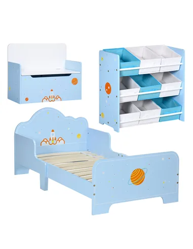 ZONEKIZ 3PCs Kids Bedroom Furniture Set with Bed, Toy Box Bench, Storage Unit with Baskets, Space Themed, for 3-6 Years Old, Blu