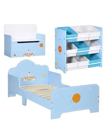 ZONEKIZ 3PCs Kids Bedroom Furniture Set with Bed, Toy Box Bench, Storage Unit with Baskets, Space Themed, for 3-6 Years Old, Blu