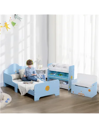 ZONEKIZ 3PCs Kids Bedroom Furniture Set with Bed, Toy Box Bench, Storage Unit with Baskets, Space Themed, for 3-6 Years Old, Blu
