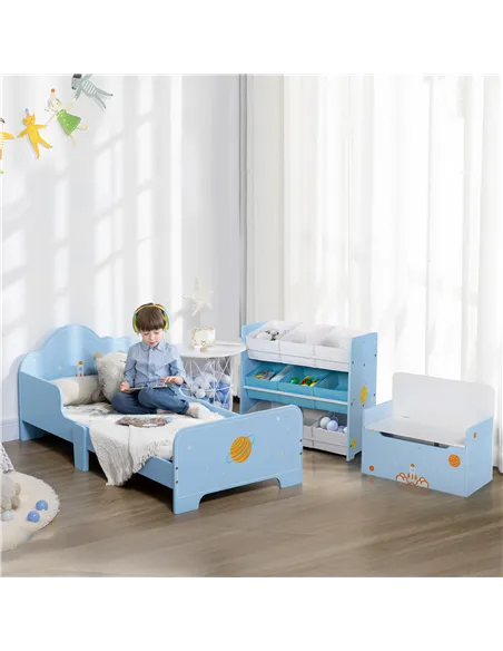 ZONEKIZ 3PCs Kids Bedroom Furniture Set with Bed, Toy Box Bench, Storage Unit with Baskets, Space Themed, for 3-6 Years Old, Blu
