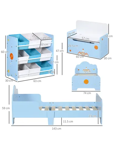ZONEKIZ 3PCs Kids Bedroom Furniture Set with Bed, Toy Box Bench, Storage Unit with Baskets, Space Themed, for 3-6 Years Old, Blu
