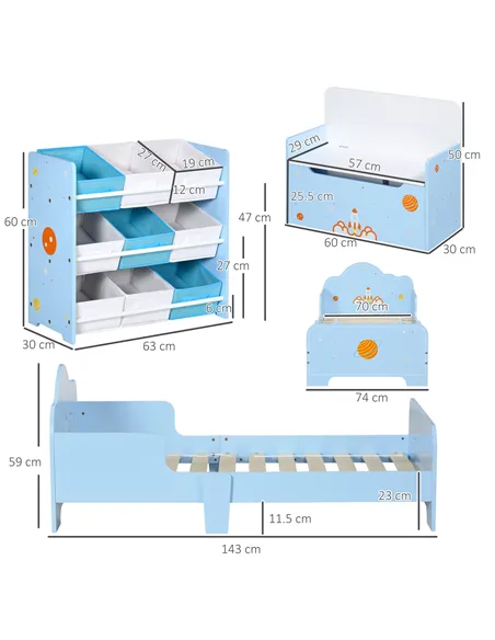 ZONEKIZ 3PCs Kids Bedroom Furniture Set with Bed, Toy Box Bench, Storage Unit with Baskets, Space Themed, for 3-6 Years Old, Blu