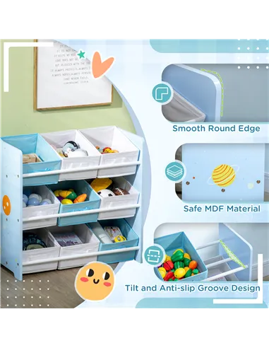 ZONEKIZ 3PCs Kids Bedroom Furniture Set with Bed, Toy Box Bench, Storage Unit with Baskets, Space Themed, for 3-6 Years Old, Blu