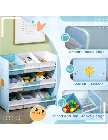 ZONEKIZ 3PCs Kids Bedroom Furniture Set with Bed, Toy Box Bench, Storage Unit with Baskets, Space Themed, for 3-6 Years Old, Blu