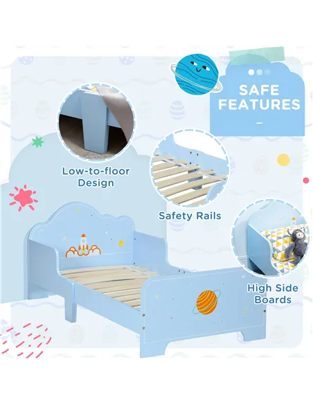ZONEKIZ 3PCs Kids Bedroom Furniture Set with Bed, Toy Box Bench, Storage Unit with Baskets, Space Themed, for 3-6 Years Old, Blu