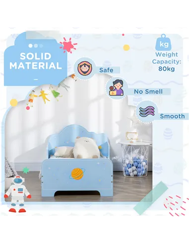 ZONEKIZ 3PCs Kids Bedroom Furniture Set with Bed, Toy Box Bench, Storage Unit with Baskets, Space Themed, for 3-6 Years Old, Blu