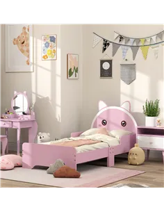 ZONEKIZ Bed for Kids Cat Design Toddler Bed Frame Bedroom Furniture with Guardrails, for 3-6 Years, 143L x 74W x 72Hcm - Pink