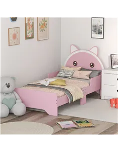 ZONEKIZ Bed for Kids Cat Design Toddler Bed Frame Bedroom Furniture with Guardrails, for 3-6 Years, 143L x 74W x 72Hcm - Pink 2