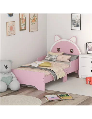 ZONEKIZ Bed for Kids Cat Design Toddler Bed Frame Bedroom Furniture with Guardrails, for 3-6 Years, 143L x 74W x 72Hcm - Pink