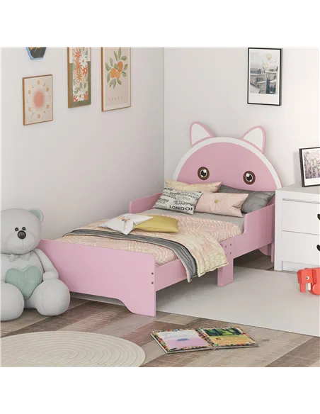 ZONEKIZ Bed for Kids Cat Design Toddler Bed Frame Bedroom Furniture with Guardrails, for 3-6 Years, 143L x 74W x 72Hcm - Pink