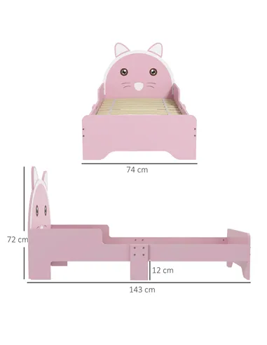ZONEKIZ Bed for Kids Cat Design Toddler Bed Frame Bedroom Furniture with Guardrails, for 3-6 Years, 143L x 74W x 72Hcm - Pink