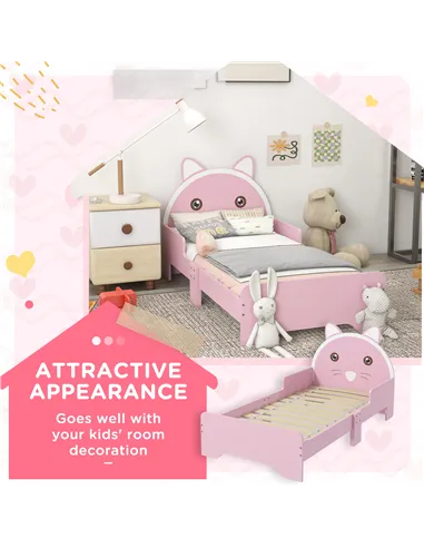 ZONEKIZ Bed for Kids Cat Design Toddler Bed Frame Bedroom Furniture with Guardrails, for 3-6 Years, 143L x 74W x 72Hcm - Pink