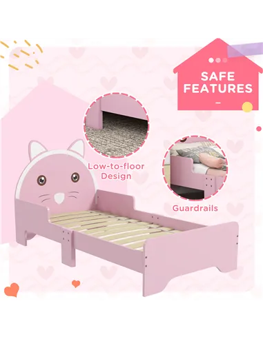 ZONEKIZ Bed for Kids Cat Design Toddler Bed Frame Bedroom Furniture with Guardrails, for 3-6 Years, 143L x 74W x 72Hcm - Pink