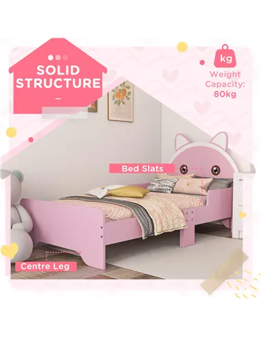 ZONEKIZ Bed for Kids Cat Design Toddler Bed Frame Bedroom Furniture with Guardrails, for 3-6 Years, 143L x 74W x 72Hcm - Pink