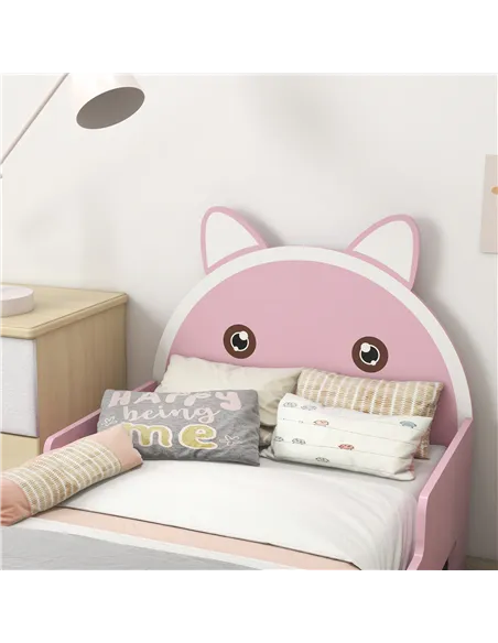 ZONEKIZ Bed for Kids Cat Design Toddler Bed Frame Bedroom Furniture with Guardrails, for 3-6 Years, 143L x 74W x 72Hcm - Pink