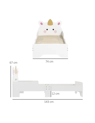 ZONEKIZ Unicorn-Designed Toddler Bed, Kids Bedroom Furniture, for Ages 3-6 Years, 143 x 74 x 67cm - White