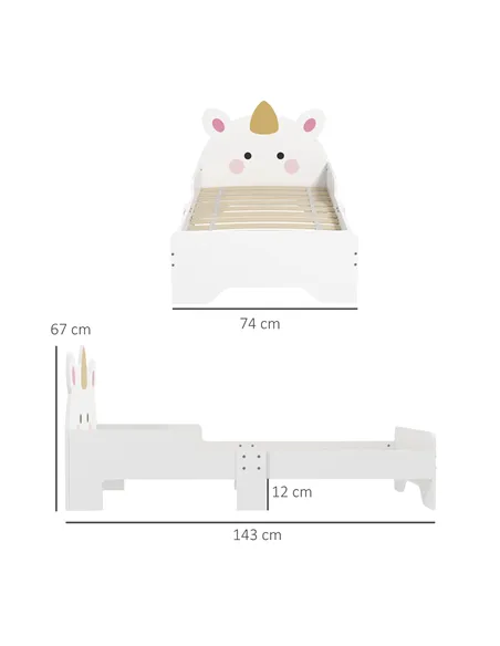 ZONEKIZ Unicorn-Designed Toddler Bed, Kids Bedroom Furniture, for Ages 3-6 Years, 143 x 74 x 67cm - White