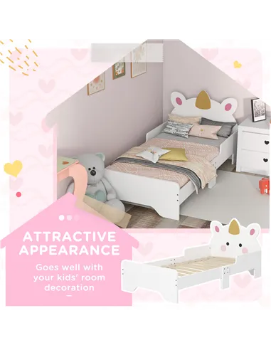 ZONEKIZ Unicorn-Designed Toddler Bed, Kids Bedroom Furniture, for Ages 3-6 Years, 143 x 74 x 67cm - White