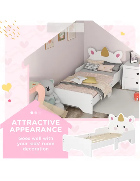 ZONEKIZ Unicorn-Designed Toddler Bed, Kids Bedroom Furniture, for Ages 3-6 Years, 143 x 74 x 67cm - White