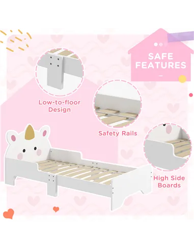 ZONEKIZ Unicorn-Designed Toddler Bed, Kids Bedroom Furniture, for Ages 3-6 Years, 143 x 74 x 67cm - White